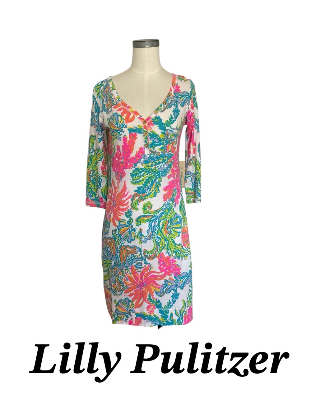 Lilly Pulitzer Pink Aqua Green Floral V-Neck Shift Dress